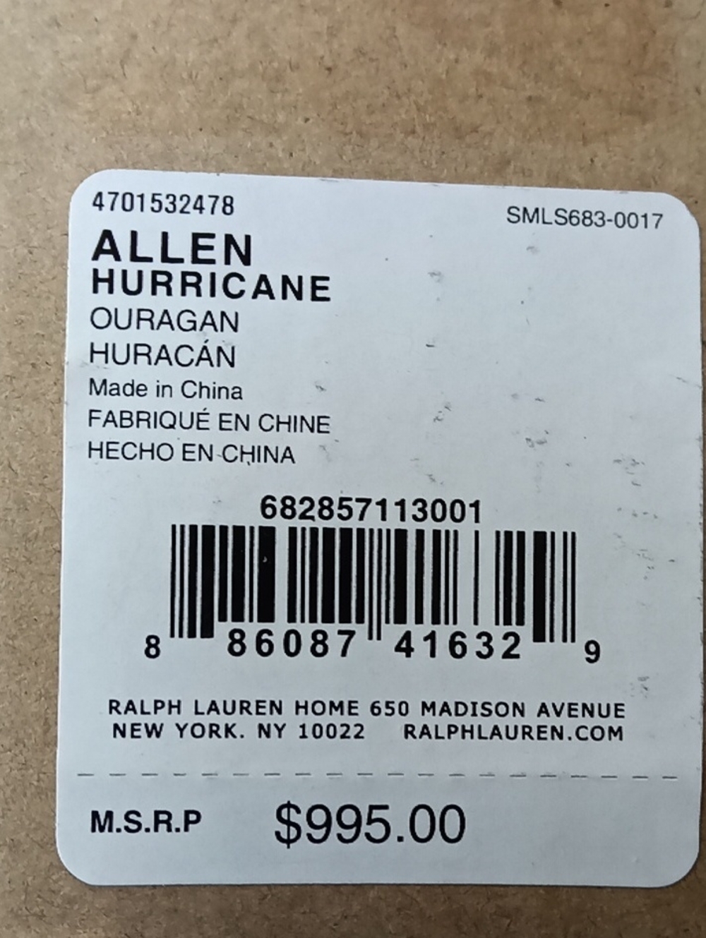 Ralph Lauren White Label Barcode Price Tag